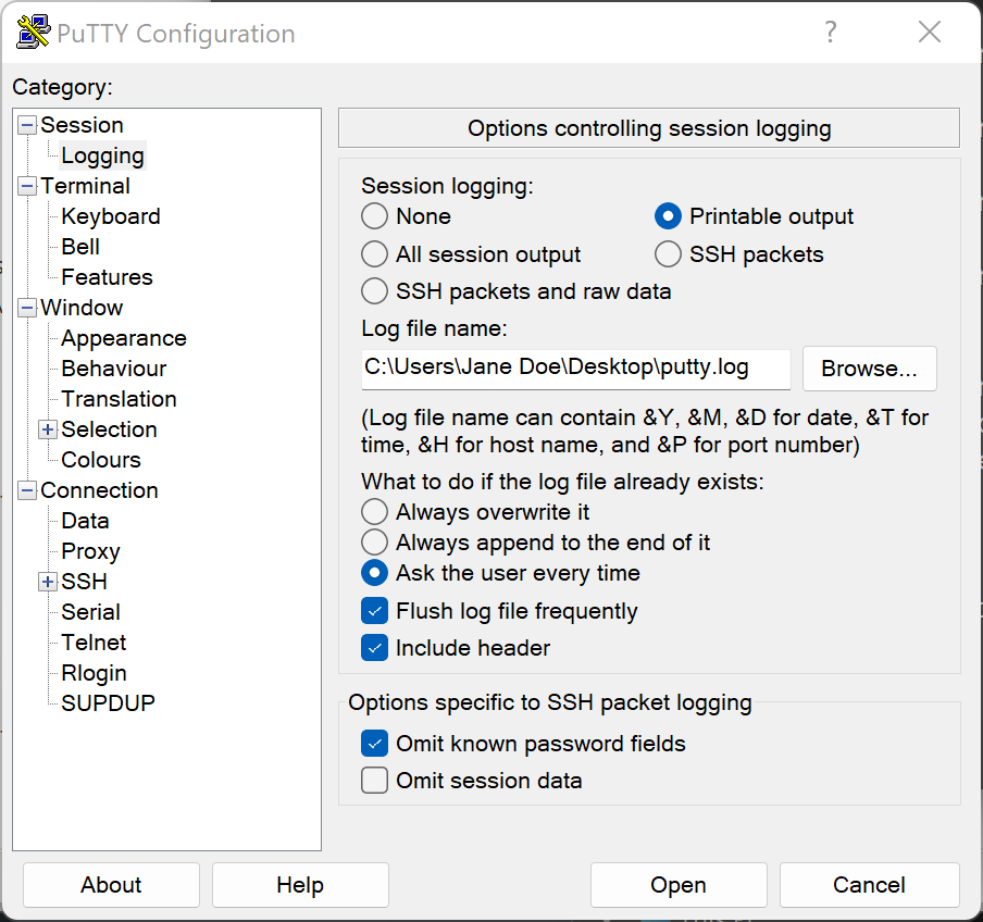 Settup logging settings in PuTTY